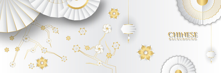Chinese new year 2022 year of the tiger white and gold flower and asian elements paper cut with craft style on background. Universal chinese background banner. Vector illustration