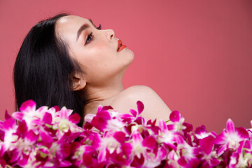 Obraz na płótnie Canvas Face shot Portrait of Fashion 20s Asian Woman beautiful black hair express feeling sensual happy