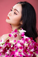 Face shot Portrait of Fashion 20s Asian Woman beautiful black hair express feeling sensual happy