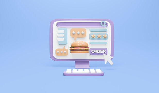 3D Rendering of burger on computer with of button and mouse click icon concept of order food online. 3D illustration minimal cartoon style.