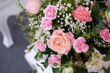 colorful of flowers pink rose,wedding feeling.Flowers for a wedding look fresh and fresh.