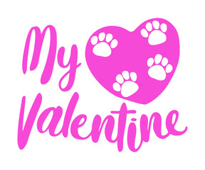 Valentine's day t-shirt decoration with pink heart and paw prints