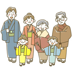 着物を着て初詣に行く3世代家族