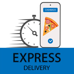 The concept of online delivery by phone. Fast response delivery to your mobile phone. Online order tracking with the watch. Vector illustration