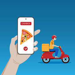 Fast delivery by scooter via mobile phone. E-commerce concept. Shopping in the online store. The concept of online delivery services. Online order tracking. City logistics. Vector illustration