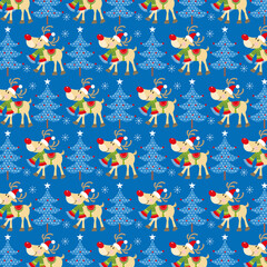 christmas seamless pattern with reindeers and trees