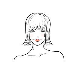 サウナで汗をかくボブヘアの女性。目を閉じて正面向き。