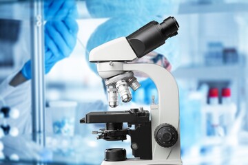 Microscope and tubes for analysis in a hospital blood bank. research laboratory for haematological diseases