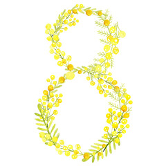 8 march with watercolor yellow mimosa illustrations. Isolated on white backdrop. For postcards, invitations, decor and design. 