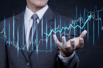 Businessman holding increase arrow graph. Development to success and motivation.