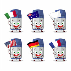 Blue whiteboard marker cartoon character bring the flags of various countries