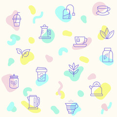Simple pattern on the theme of tea, drink, star anise, infusion bags, tea strainer, green tea, nature, herbal, rooibos and more. simple color icons on beige background.