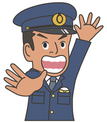 ちょっと待ったポーズで制止する制服姿の警察官のイラスト