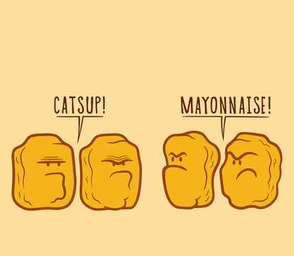 Cute cartoon vector chicken Nuggets really difficult choice sauce mayonnaise or ketchup