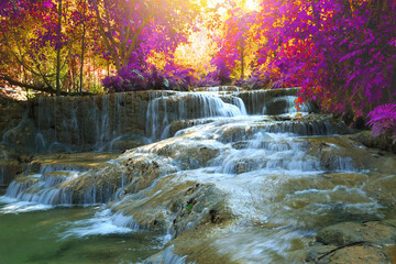 Gao fu waterfall or Mae Kae 2 Waterfall Beautiful waterfall in Rain forest ,Tham pha tai NationalPark,Lampang,Thailand. - obrazy, fototapety, plakaty