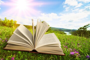 Open book on green grass in a field, concept for reading, relaxing and recreation