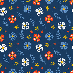 Fototapeta na wymiar vector seamless pattern with cute meadow flowers in scandinavian style. flat style pattern for printing on fabric, clothes, wrapping paper
