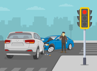 Safety driving car. Traffic or road accident on crossroads. Crashed cars on the city road. Terrified and shocked young male driver calls emergency and insurance. Flat vector illustration template.