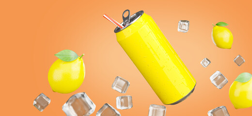 energy soft drink or cans with lemon for summer product