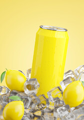 energy soft drink or cans on frozen ice cube with lemon for product display.