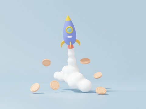 Business investment start-up concept. Spaceship rocket spewing smoke and coins floating. future innovation on sky blue background. cartoon minimal cute smooth. 3d render illustration
