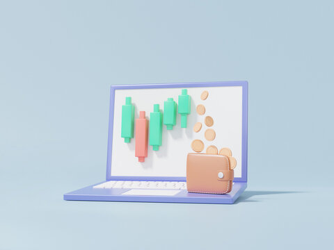 Cryptocurrency trading with Laptop finance business investment. Growth statistics trading concept. buy, sell, wallet, banner, exchange, cartoon minimal. 3d render illustration