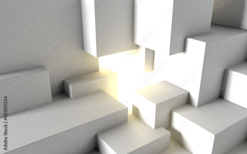 Poster abstract architectural background with cube construction or stage and light beam inside