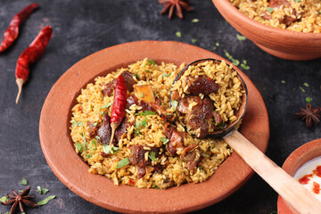 Mutton biryani Beef Biryani, Gosht or lamb biriyani Hyderabadi Dum biriyani with raita yoghurt dip...