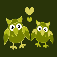 two owls in love with hearts. Cartoon birds. Pastiche. Children drawing