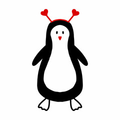 Vector illustration of a penguin with hearts. Happy valentine's day. Minimalist valentine's day in doodle style.