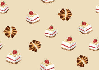 Seamless pattern with cakes and croissant 