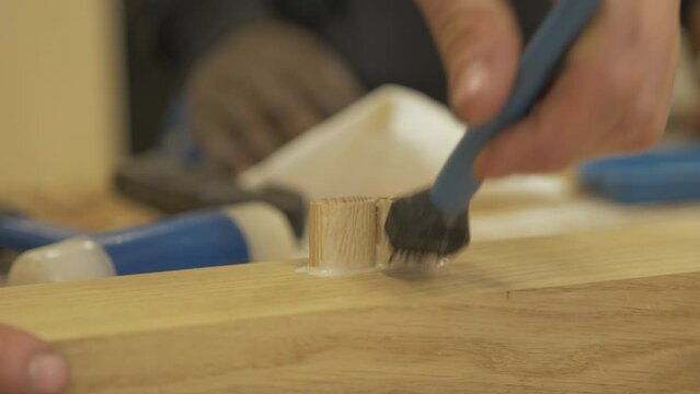 Brushing glue on dominos of white oak hardwood