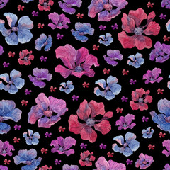 Watercolor seamless pattern with 
blooming flower of anemones isolated on black background. Floral illustration perfect for design of card, fabric, textile, wrapping paper.