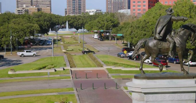 Aerial of city of Houston Hermann Park and Sam Houston statue