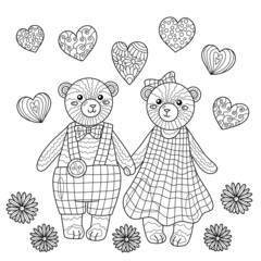 Lovely teddybear couple hold hands and walk together. Celebrating valentine day. Coloring book page for adult with doodle and zentangle elements. Vector hand drawn isolated.