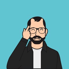 Flat Baldness Man, Pointing Hand on His Hair Loss Vector Illustration