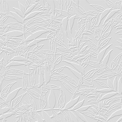 Embossed floral line art tracery 3d seamless pattern. Ornamental beautiful leafy relief background. Repeat textured white backdrop. Surface leaves, branches. 3d endless ornament with embossing effect - obrazy, fototapety, plakaty