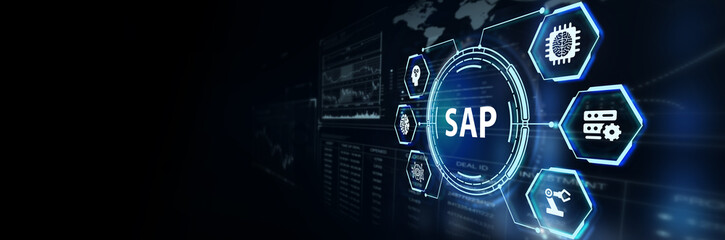 SAP System Software Automation concept on virtual screen data center. Business, modern technology, internet and networking concept. 3d illustration