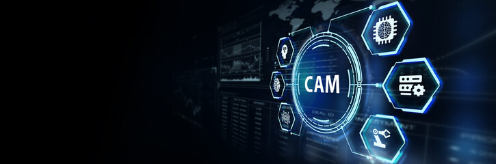 CAM Computer-aided manufacturing industrial technology automation concept.3d illustration