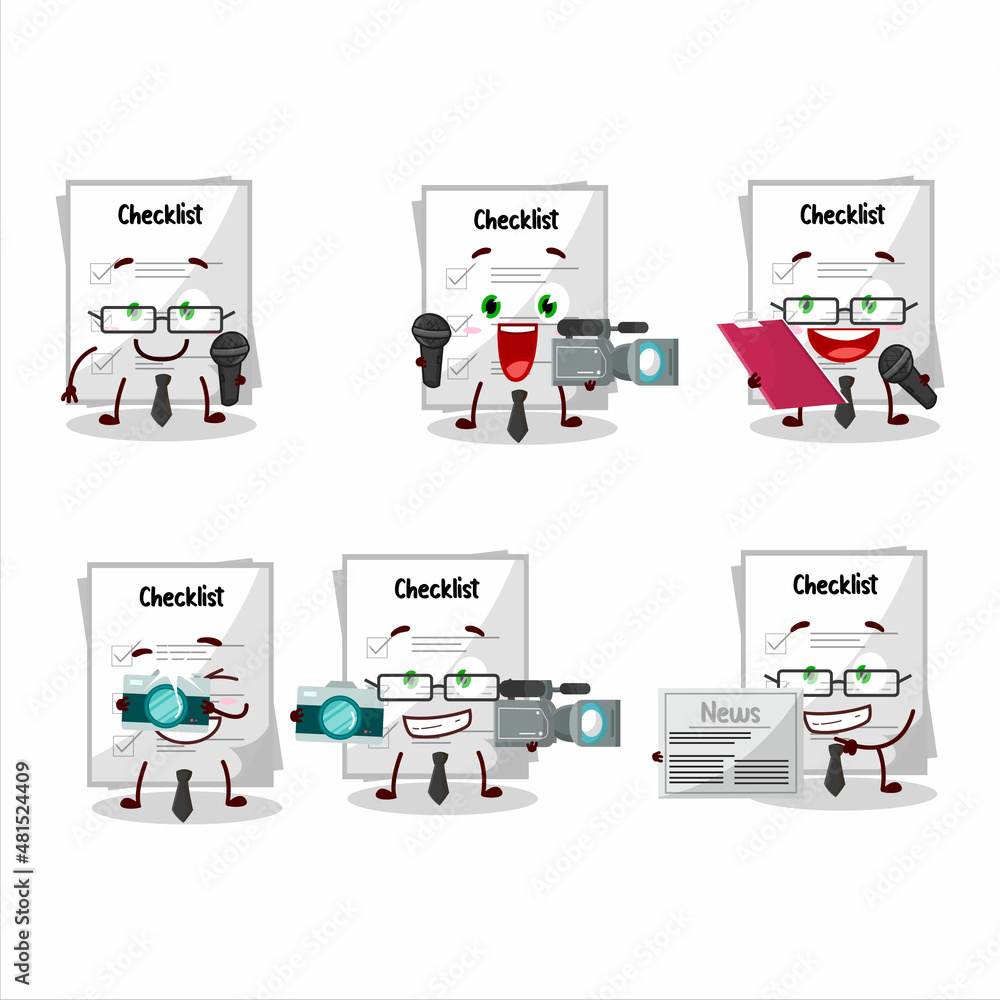 Poster character reporter paper sheet cute mascot with microphone