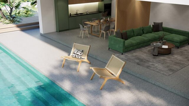 interior of modern japandi apartment with furniture and swimming pool. contemporary style, tilt down shot video 4k animation	