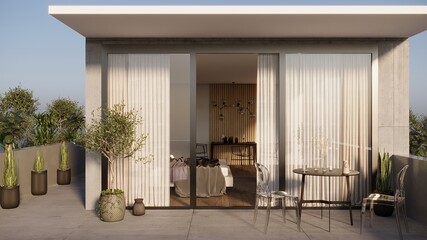 Terrace with table and two chairs. Room with access to the terrace. 3d render