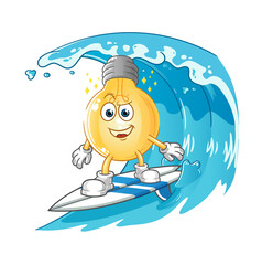 bulb surfing character. cartoon mascot vector