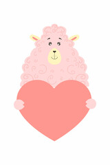 Cute cartoon animal holds a heart sign with copy space. set valentine's day greeting card banner invitation flyer brochure. cartoon hand drawn style. Little animals pets in love, declaration of love