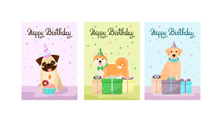 A set of postcards with funny dogs and gifts. Happy Birthday. Cartoon design.
