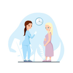 A pregnant woman at a doctor's appointment. Flat design.