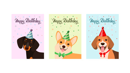 Fototapeta premium A set of greeting cards with funny dogs. Happy Birthday. Cartoon design. 