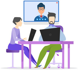 People communicate by online video call, conference, meeting. Communication, discussion of business development with colleagues online. Employees with laptops have video meeting via Internet