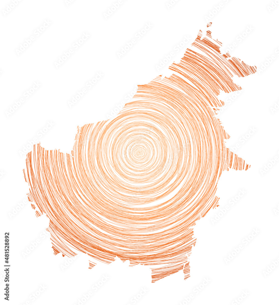 Poster borneo map filled with concentric circles. sketch-style circles in the shape of the island. vector i