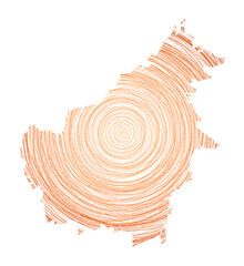 Borneo map filled with concentric circles. Sketch style circles in shape of the island. Vector Illustration.